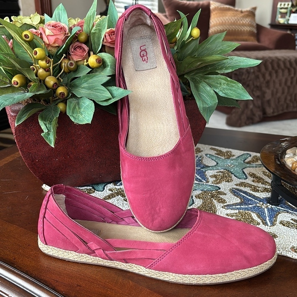 UGG Tippie Slip On Ballet Flats Nubuck Leather Sheepskin Heel Braided Red
